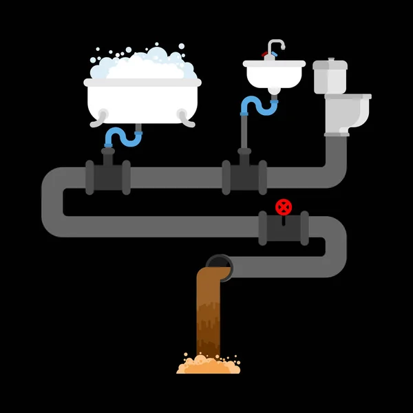 Sewer system in house. Pipes and valves. Sink and toilet bowl. B — Stock Vector