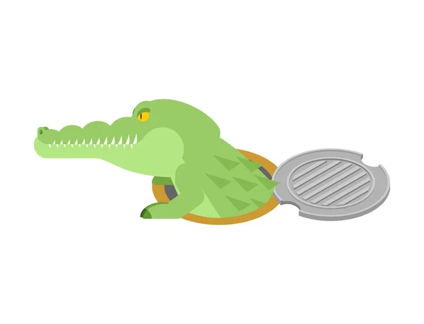 Крокодил в каналізаційному люку. Алігатор у кришці люка. хижака — стоковий вектор