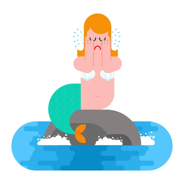 Mermaid Sits on rock and Crying. Mythical sad woman with fish ta — Stock Vector