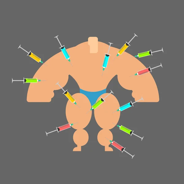 Doping for Bodybuilder. Strong man and steroids. Syringe with an — Stock Vector