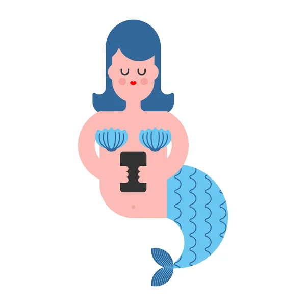 Sirena con teléfono aislado. Mujer triste mítica con cola de pescado . — Vector de stock