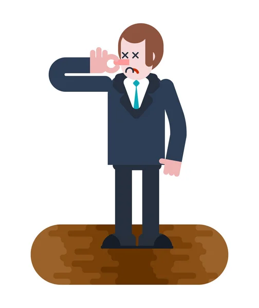 Man in sewer. Stink. Bad smell. Businessman Close nose. Guy and — Stock Vector