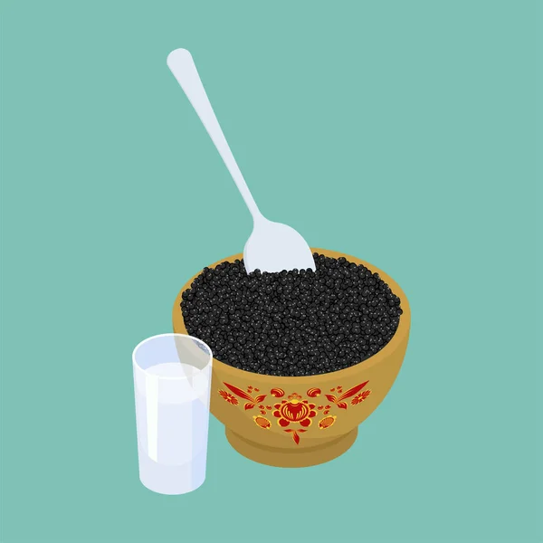 Caviar negro y vaso de vodka. Alimentos nacionales rusos . — Vector de stock