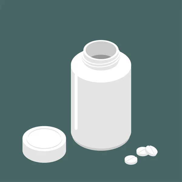 プラスチック製の瓶は、錠剤や丸薬のためのカバーを開きます。メディチのコンテナー — ストックベクタ