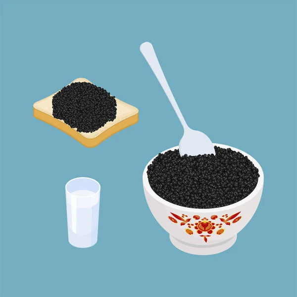 Ensemble de nourriture nationale russe. Caviar noir et verre de vodka. Sable — Image vectorielle