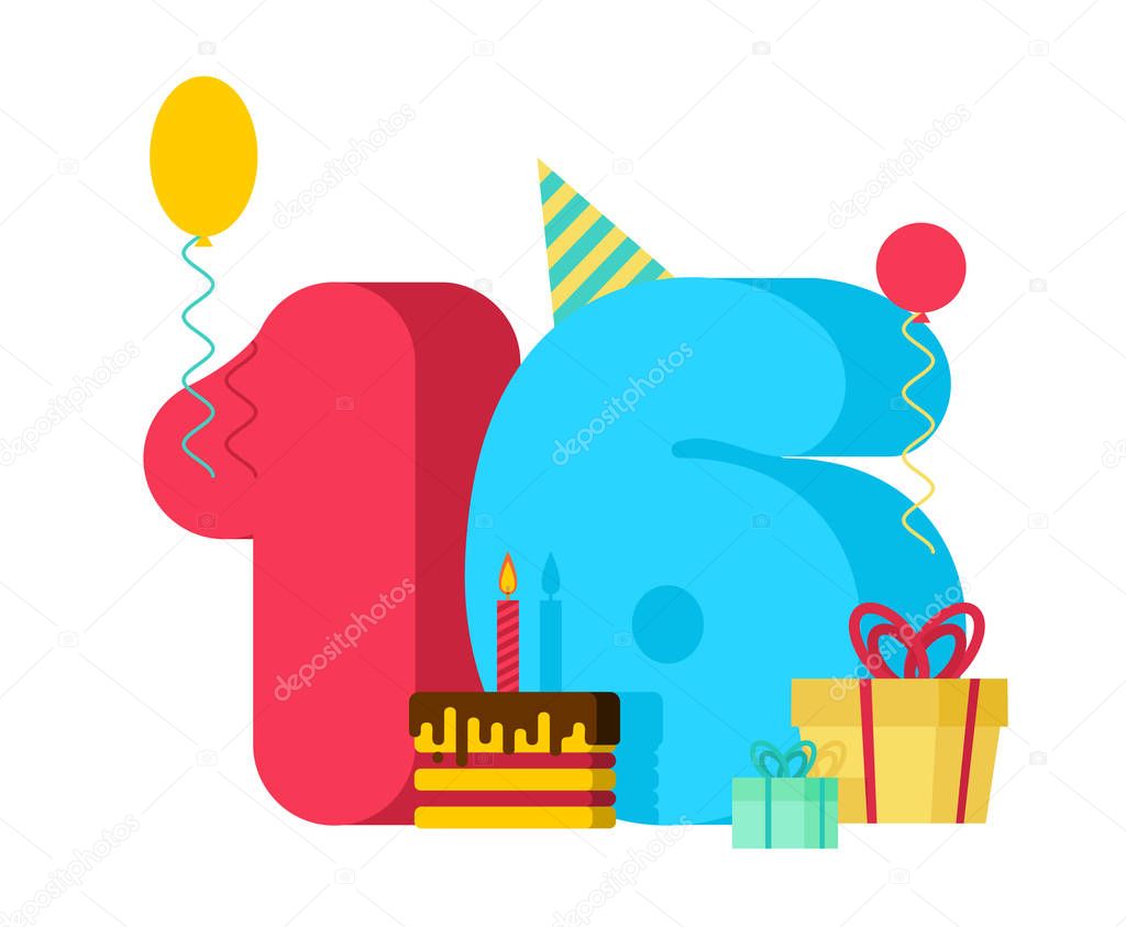16 year Birthday sign. 16th Template greeting card anniversary celebration. sixteen number and festive piece of cake with candle. Balloon and Gift box