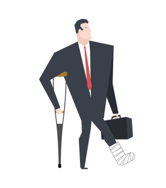 Alçı bacak koltuk değneği ile iş adamı. Patron bacağı kırılmış. Görevliler
