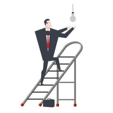 İşadamı bir merdiven üzerinde ampul değişiyor. Slidin üzerinde patron