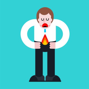 Fire in pants. Guy in his underwear has flame. Disease of penis.