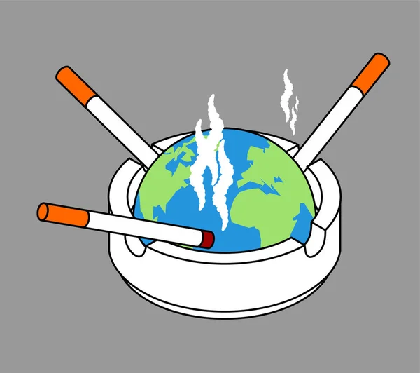 Portacenere pianeta terra con sigarette isolate. Fumo illustrat — Vettoriale Stock