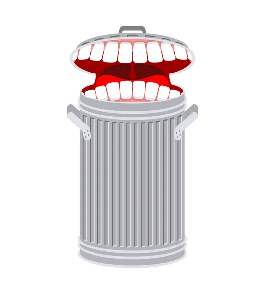 Poubelle avec dents. Une poubelle affamée. Mange des ordures. — Image vectorielle