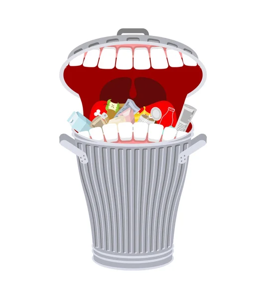 Cubo de basura con dientes. La basura tiene hambre. Come basura. — Archivo Imágenes Vectoriales