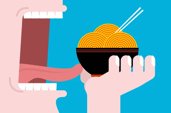 Manger du ramen. La bouche ouverte. Dents et langue. Chinois traditionnel — Image vectorielle