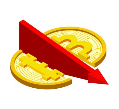 Bitcoin yıkılışı. Kırmızı ok aşağı. Kripto cu fiyat azaltma