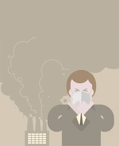 Un homme masqué par la poussière. Un type en respirateur. Air contaminé. Fumée — Image vectorielle