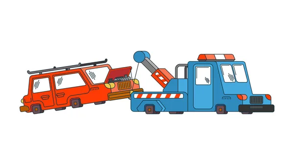 Tow truck and car. Wrecker Evacuates auto. Help on road. Vector — Stock Vector