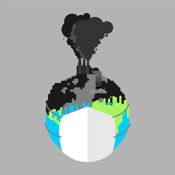 Terre dans le respirateur. Planète masquée par la poussière. Air contaminé . — Image vectorielle