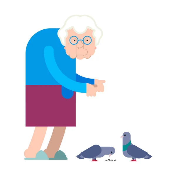 A avó alimenta pombos. Avó e pomba Boa Velha senhora e bi —  Vetores de Stock