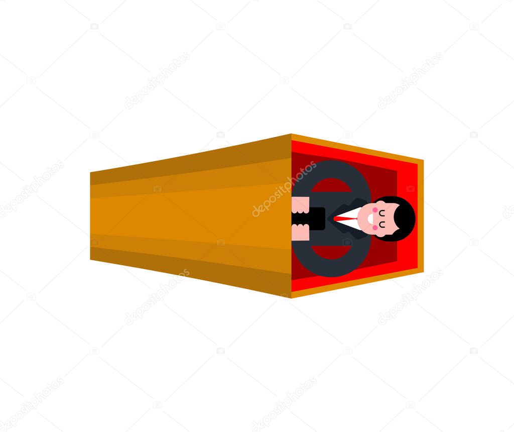 Dead man and phone in coffin. Wooden casket and corpse. vector i