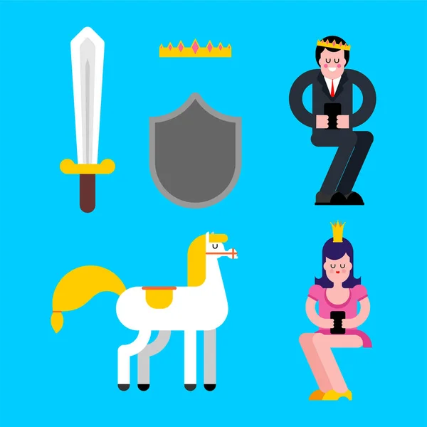 Prins och prinsessa set. Sköld och svärd. Krona och vita hästen — Stock vektor