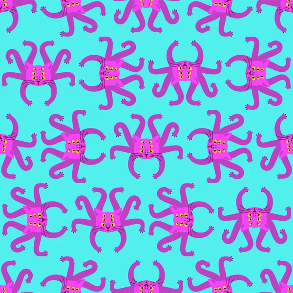 猫章鱼图案无缝。 Ufo宠物背景。 怪物的纹理 — 图库矢量图片