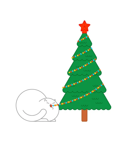 Cat eats garland on Christmas tree. Xmas and New Year vector ill — Stock Vector
