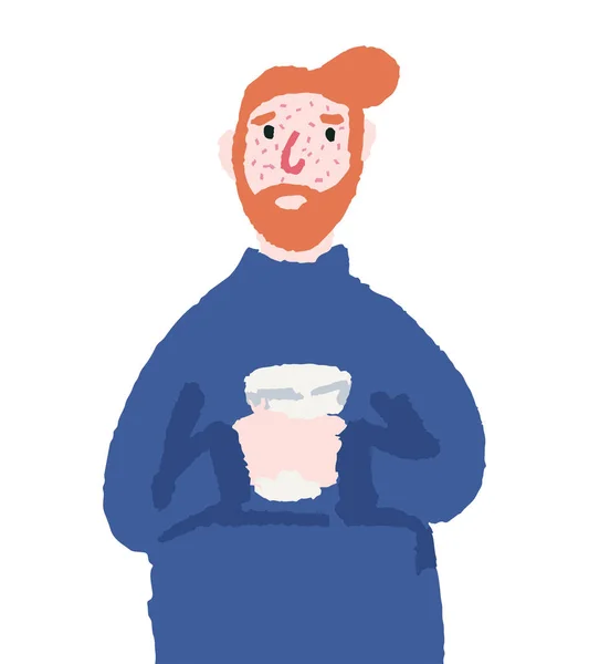 El tipo frío está bebiendo té ilustración dibujada a mano. Hombre enfermo. — Archivo Imágenes Vectoriales