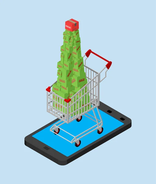 Venda online de Natal. carrinho de compras e smartphone. Comprar presentes o —  Vetores de Stock