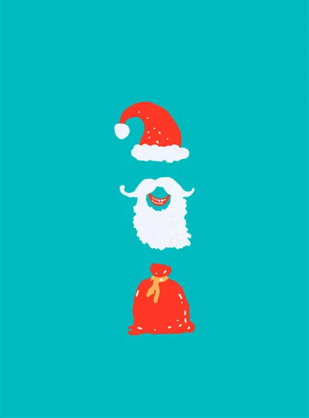 Vánoční přání ručně kreslené čmáranice předměty. Červený pytel, vousy a Sa — Stockový vektor
