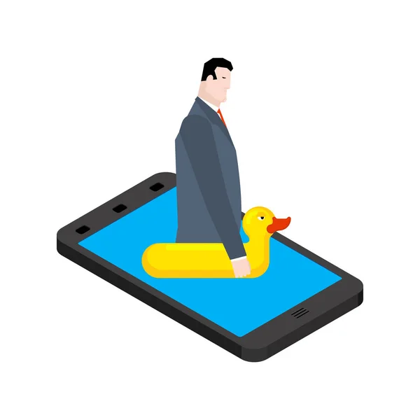 Бізнесмен плаває на смартфоні. Бос на надувному кільці — стоковий вектор