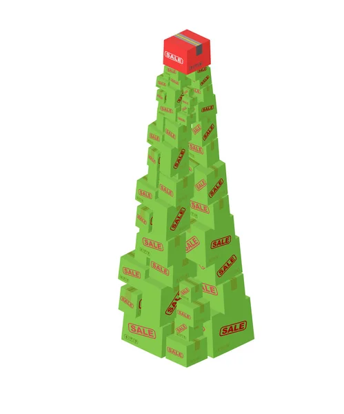 Venda de Natal. Compre presentes. Árvore de Natal feita de caixas de presente. Xm — Vetor de Stock