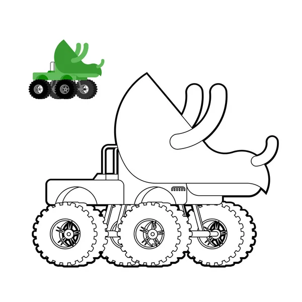 Monster Truck Triceratops Malbuch. Dino-Auto auf großen Rädern. — Stockvektor