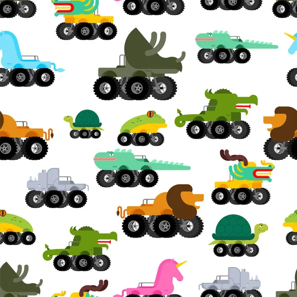 Monster Truck animal pattern seamless. Cartoon car beast on big — 스톡 벡터
