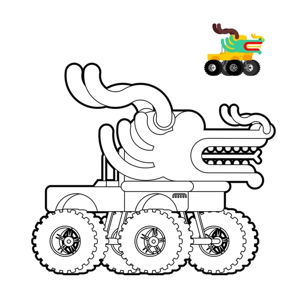 モンスタートラックドラゴンのぬり絵。大きな車輪の上の動物の車。ve — ストックベクタ