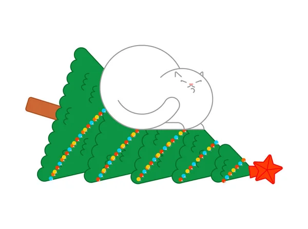 Cat dropped christmas tree. xmas vector illustration — Stock Vector