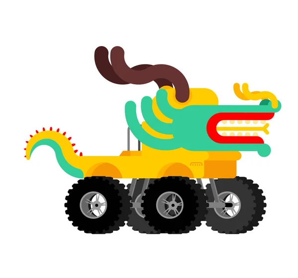 モンスタートラックドラゴン。大きな車輪の上の漫画車の動物。ベクトルI — ストックベクタ