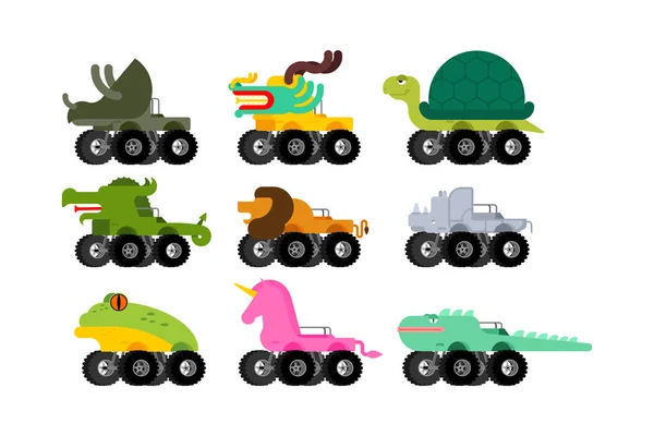 Monster Truck animal set. Besta de carro de desenhos animados em rodas grandes. vecto — Vetor de Stock