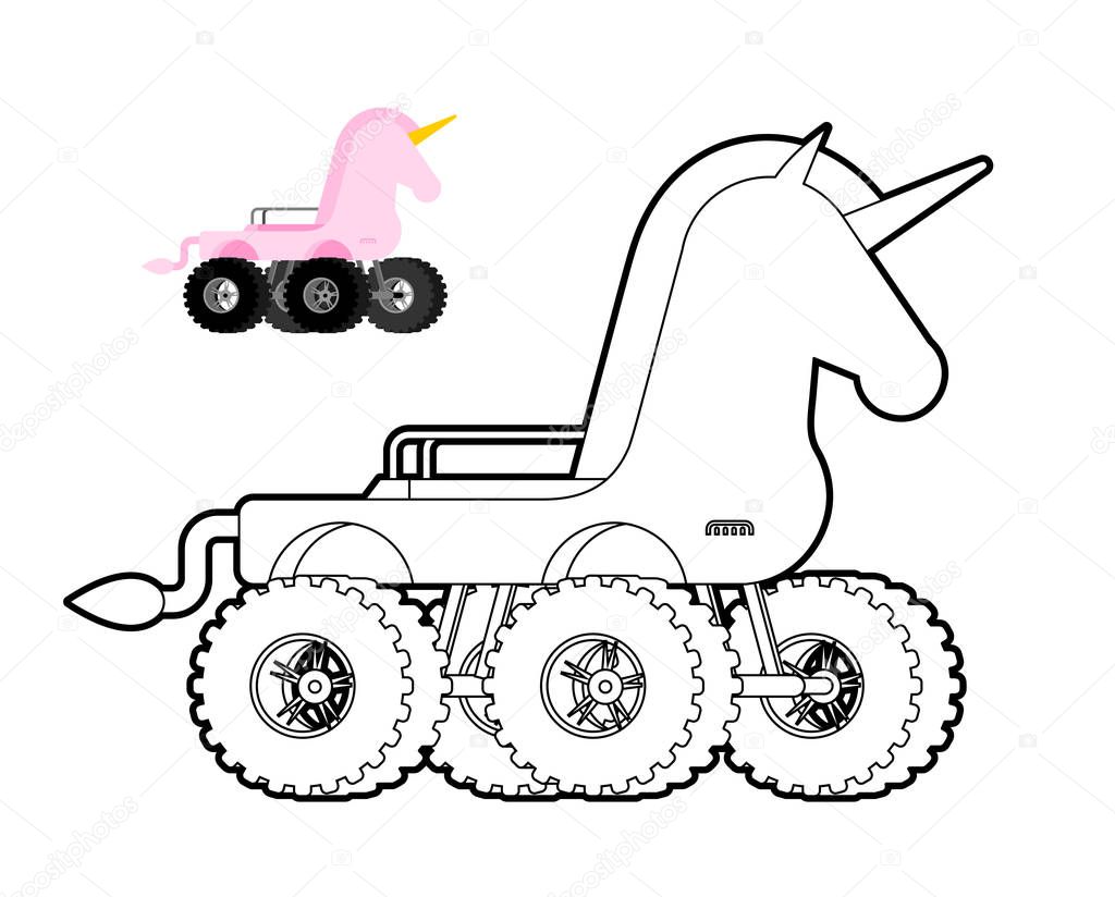Monster Truck unicorn coloring book. Animal car on big wheels. v