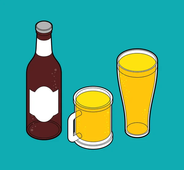 Zestaw piwny: Kubek i szkło, butelka piwa. wektor alkoholowy illustra — Wektor stockowy