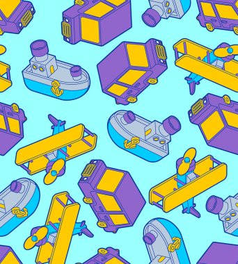 Oyuncak nakliyesi çizgi film tarzında kusursuz. Araba ve Uçak, Steamboat. Otomobil ve Gemi, uçak, çocuk tarzı arka plan. Bebek dokusu. vektör süslemesi