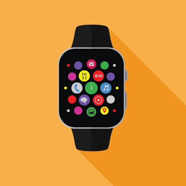 Smart Watch mit App-Symbolen, flaches Konzept mit langem Schatten — Stockvektor