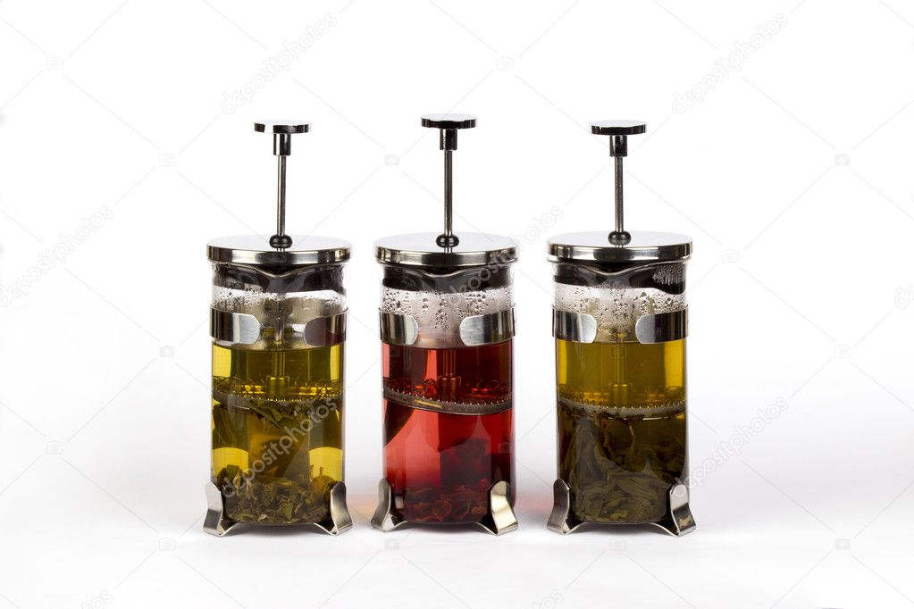 different colors on a white background isolated herbal teas