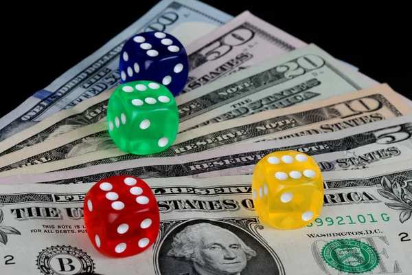 Colored Dice Dollar Black Background — Stock Photo, Image