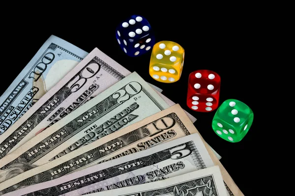 Colored Dice Dollar Black Background — Stock Photo, Image