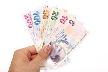 Türkiye beyaz arka planda bir avuç kağıt para