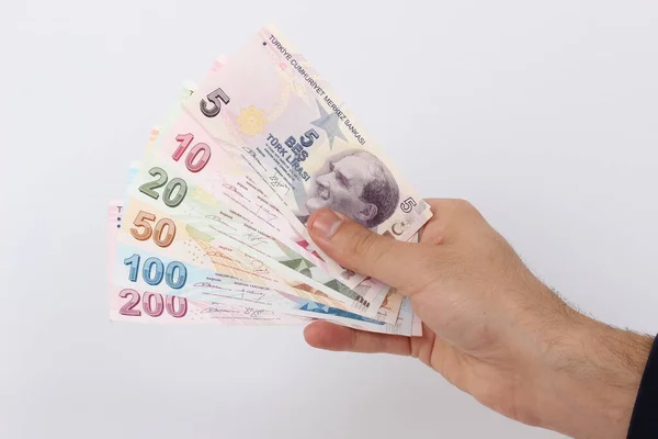 Turkiet Handfull Papper Pengar Vit Bakgrund — Stockfoto