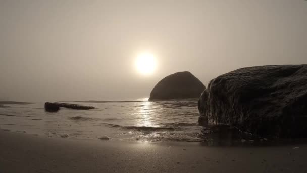 海浪在薄雾中 海浪在海岸的雾中溅起一片阳光 — 图库视频影像