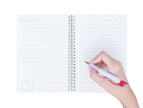 Närbild kvinna hand skriva på anteckningsbok med linje i övre vy isolerad på vit bakgrund — Stockfoto