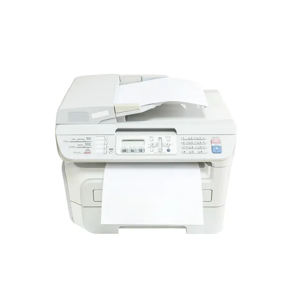 Fotocopiadora blanca de primer plano en la oficina con papel blanco, concepto de suministros de oficina aislado sobre fondo blanco — Foto de Stock