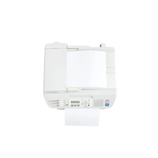 Fotocopiadora blanca de primer plano en la oficina con papel blanco, concepto de suministros de oficina aislado sobre fondo blanco en vista superior — Foto de Stock